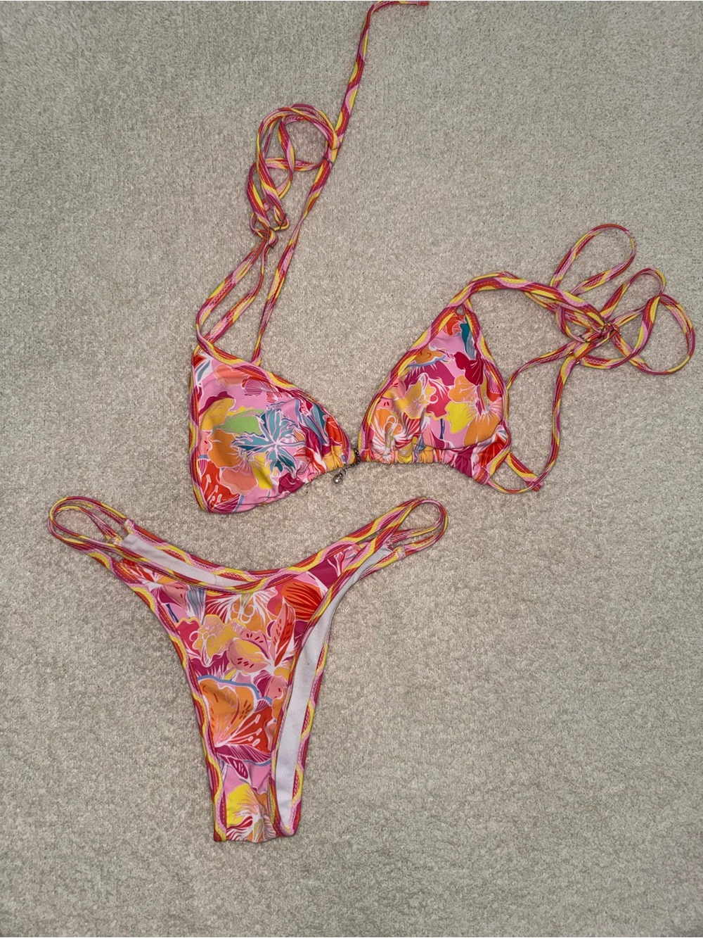SHEIN Pink Yellow Orange Floral Triangle Bikini